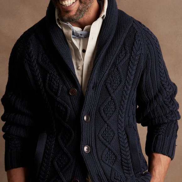 BANANA REPUBLIC SHAWL-COLLAR CHUNKY CABLE KNIT ORGANIC COTTON CARDIGAN - Picture 1 of 11